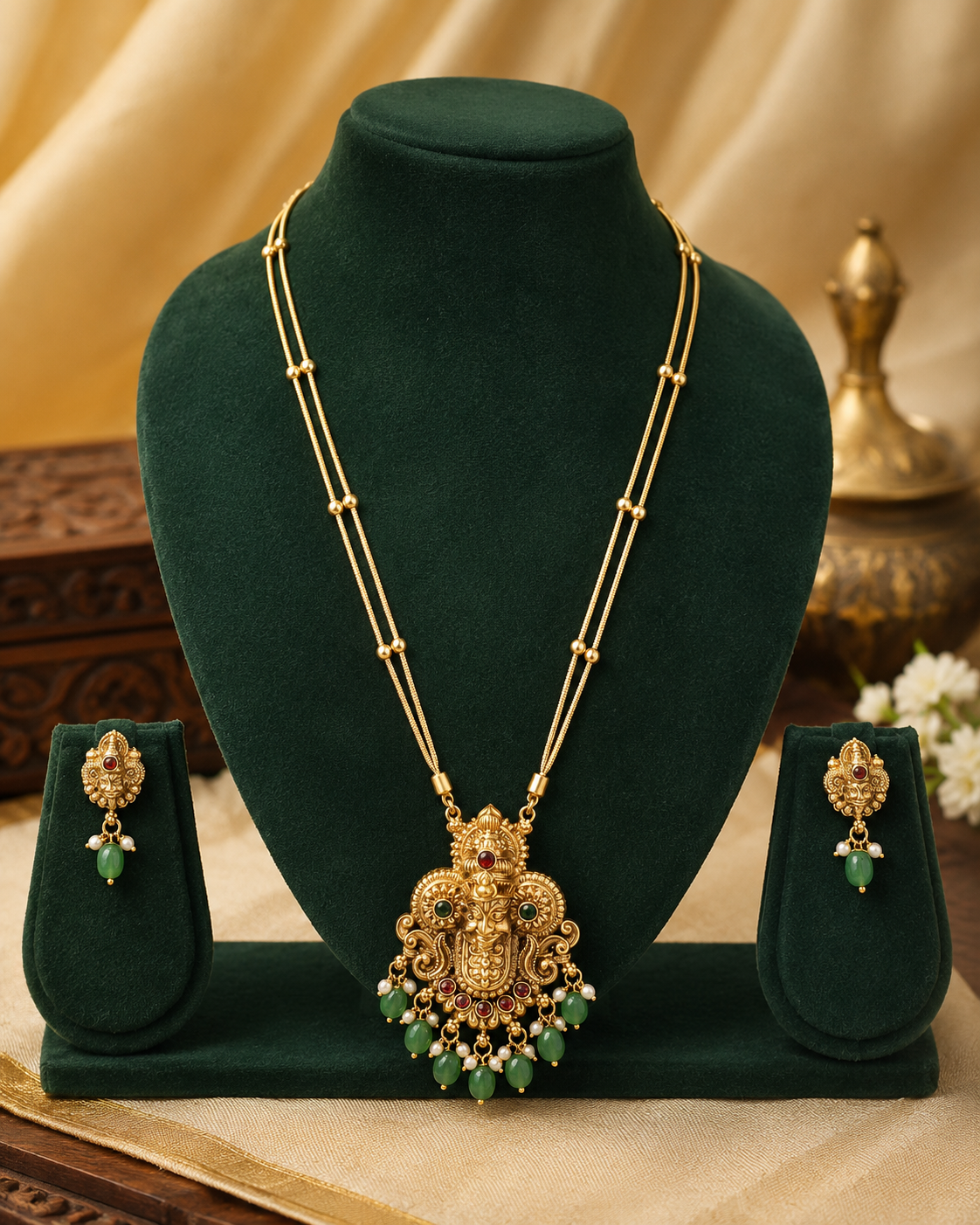 Antique Gold Nakshi Mukhambika Goddess Face Long Pendant Necklace Set with Jade | OL99