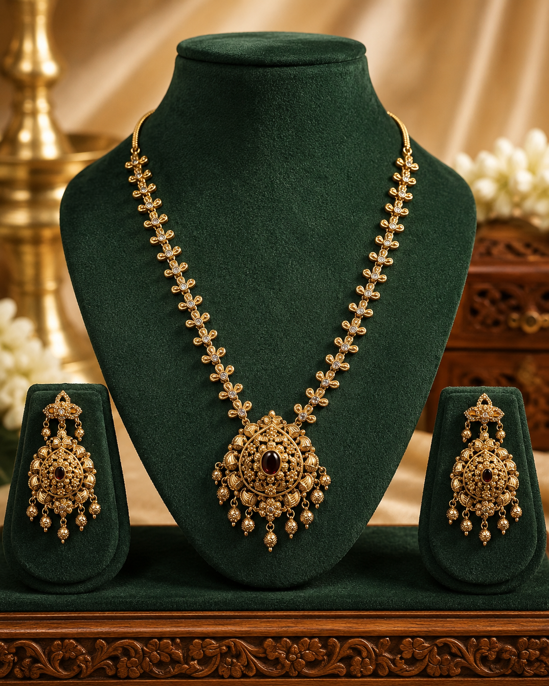 Antique Gold Nakshi Sunburst Ruby Pendant CZ Floral Vine Long Necklace Set | OL244