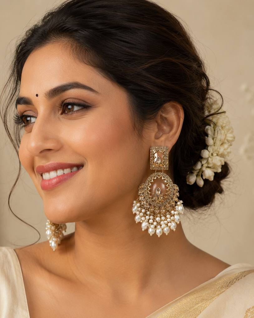 Gold Polki CZ Champagne Marquise Open Oval Chandbali Earrings with Pearl Fringe | OL250