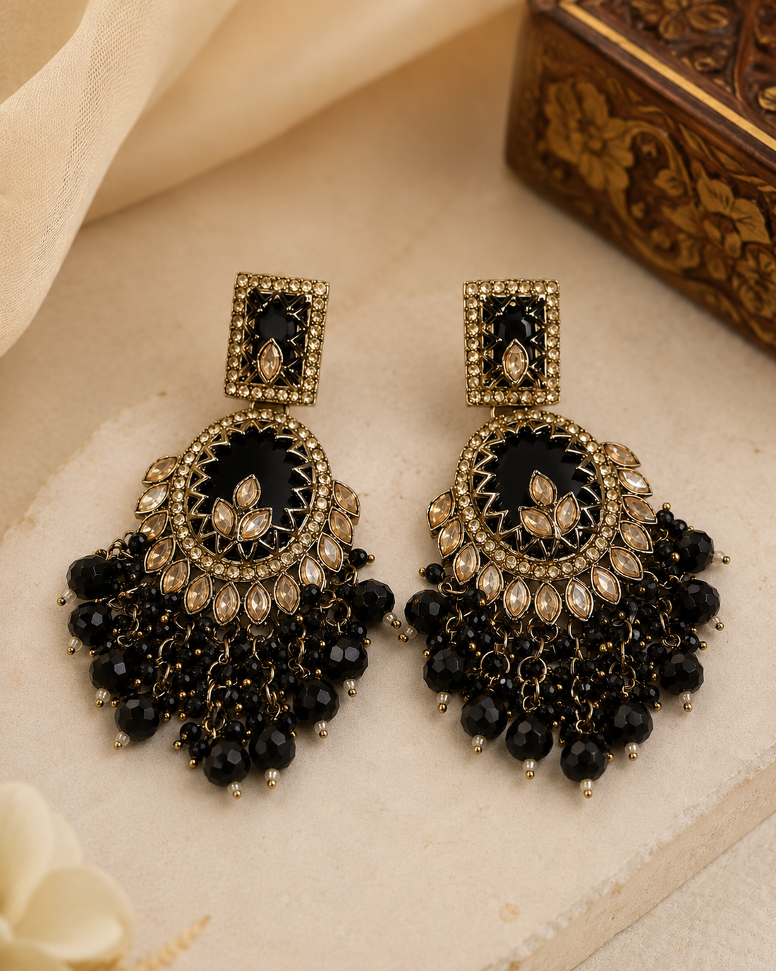 Gold Polki CZ Champagne Marquise Open Oval Chandbali Earrings with Pearl Fringe | OL250