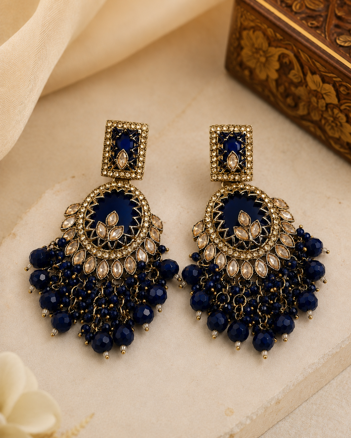 Gold Polki CZ Champagne Marquise Open Oval Chandbali Earrings with Pearl Fringe | OL250