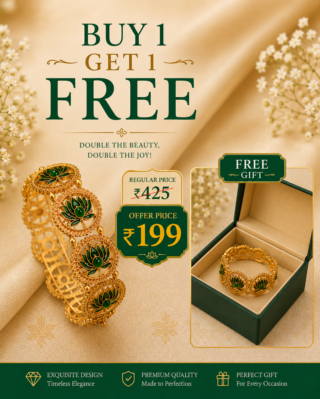 Buy 1 Get 1 Free,Gold Green Meenakari Lotus Medallion Bangle | L14803