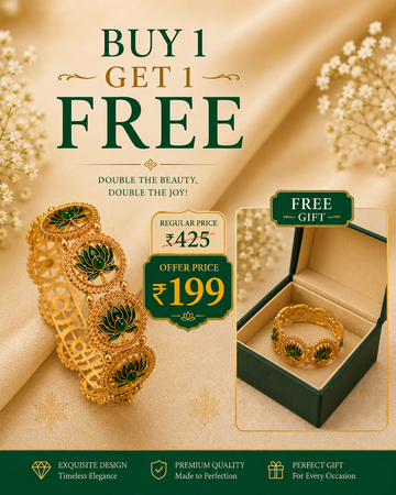 Buy 1 Get 1 Free,Gold Green Meenakari Lotus Medallion Bangle | L14803