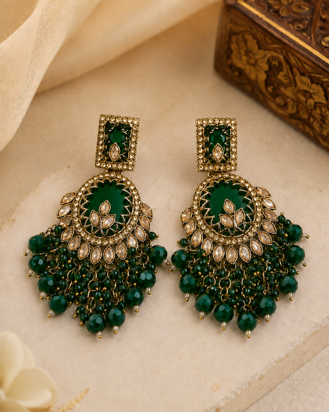 Gold Polki CZ Champagne Marquise Open Oval Chandbali Earrings with Pearl Fringe | OL250