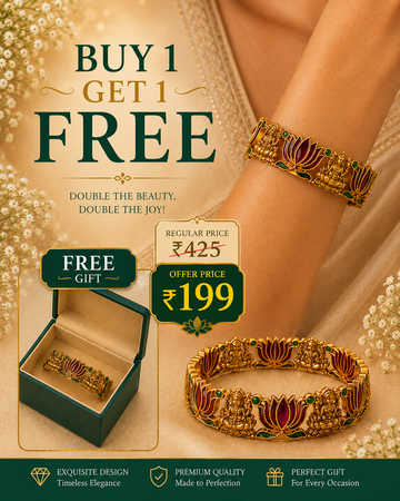 Buy 1 Get 1 Free, Antique Gold Lakshmi Temple Lotus Bangle | L11122