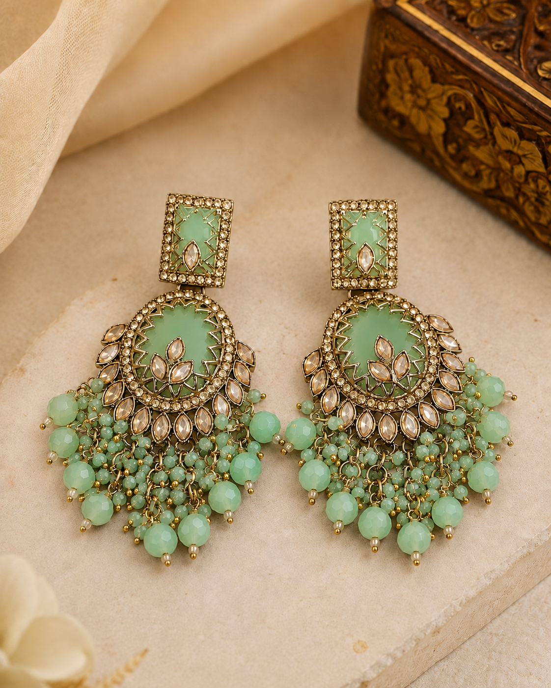Gold Polki CZ Champagne Marquise Open Oval Chandbali Earrings with Pearl Fringe | OL250