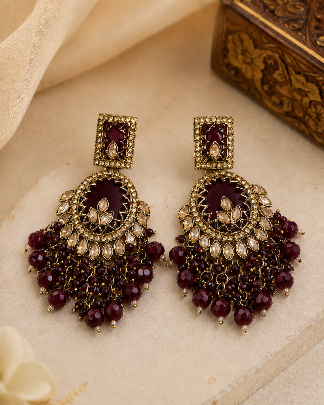 Gold Polki CZ Champagne Marquise Open Oval Chandbali Earrings with Pearl Fringe | OL250