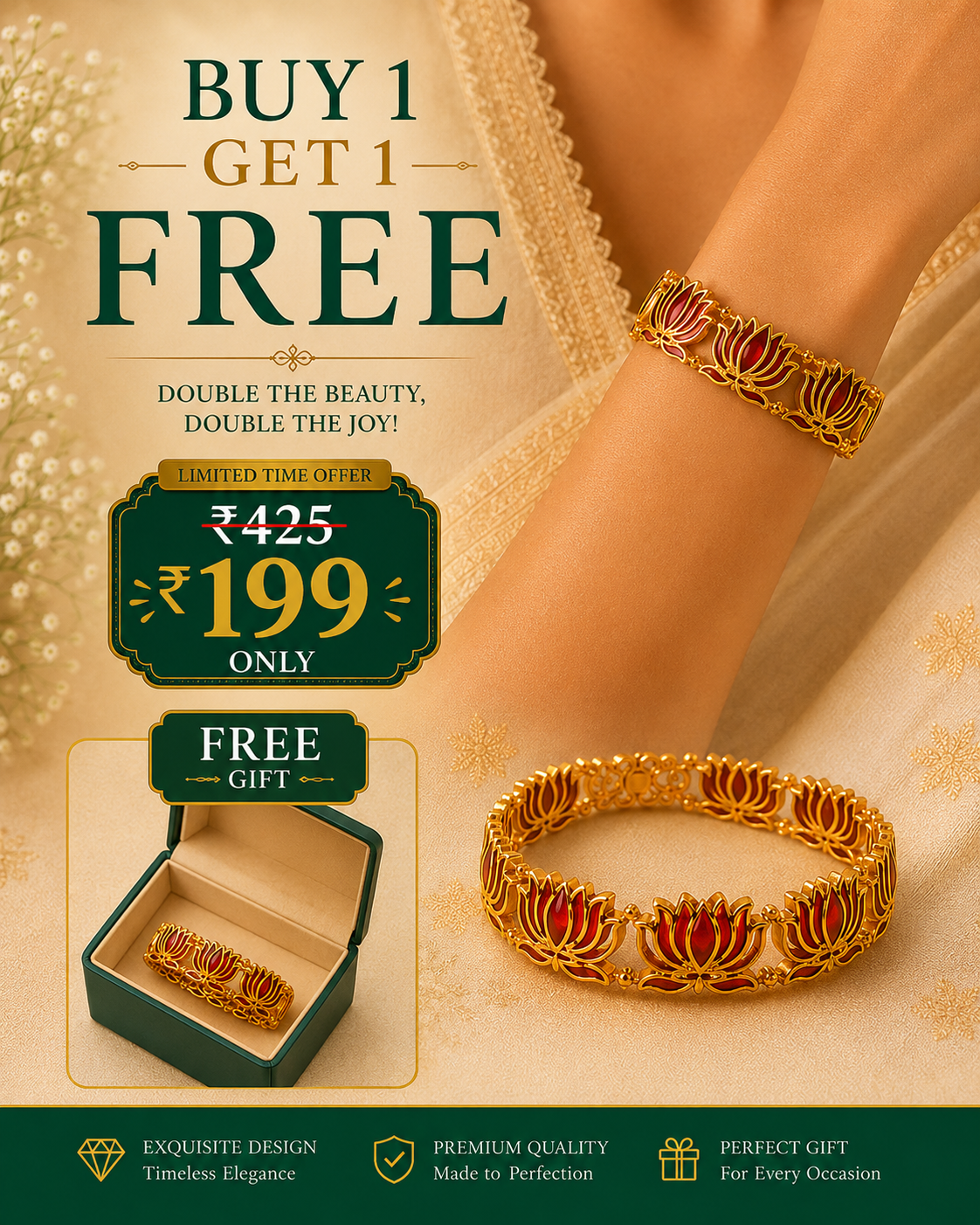 Buy 1 Get 1 Free, Gold Deep Red Meenakari Lotus Bangle Bracelet | L11123