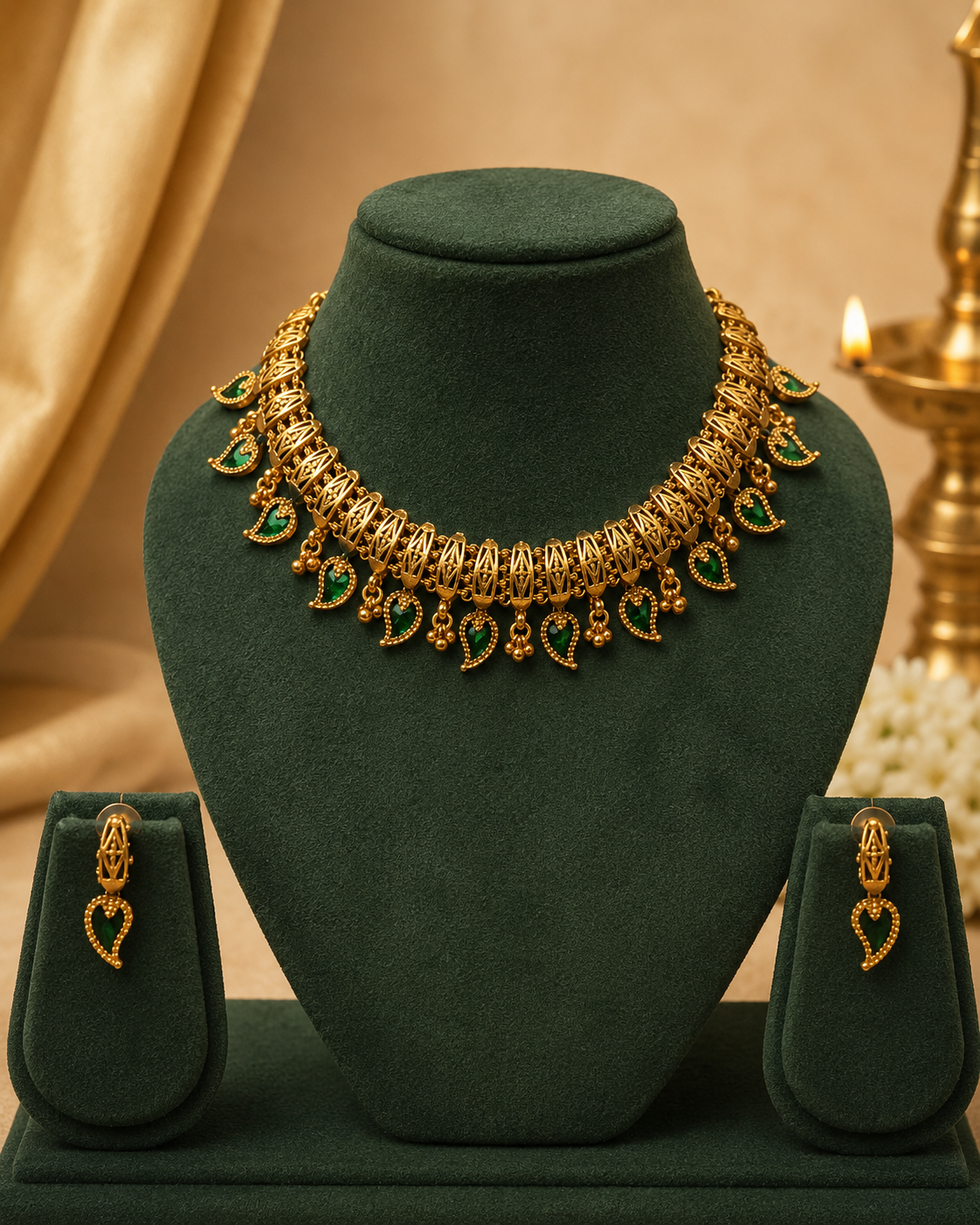 Antique Gold Open Filigree Barrel Bead Emerald Teardrop Fringe  Necklace Set | OL135