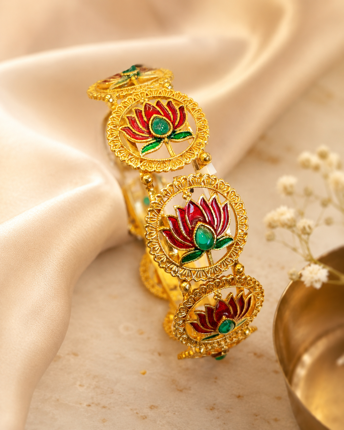 Buy 1 Get 1 Free,Gold Green Meenakari Lotus Medallion Bangle | L14803