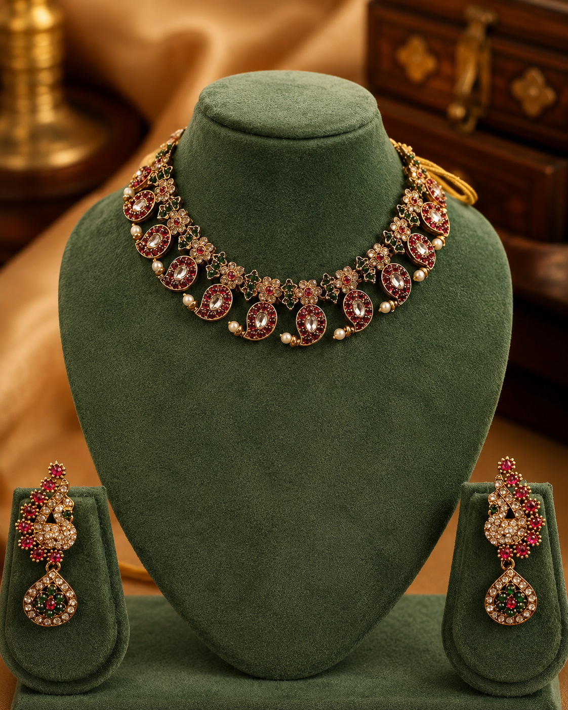 Gold Polki CZ Ruby Oval Emerald Floral Alternating Choker Necklace Set | OL103