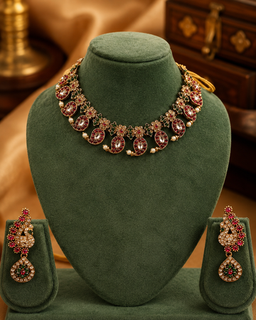 Gold Polki CZ Ruby Oval Emerald Floral Alternating Choker Necklace Set | OL103