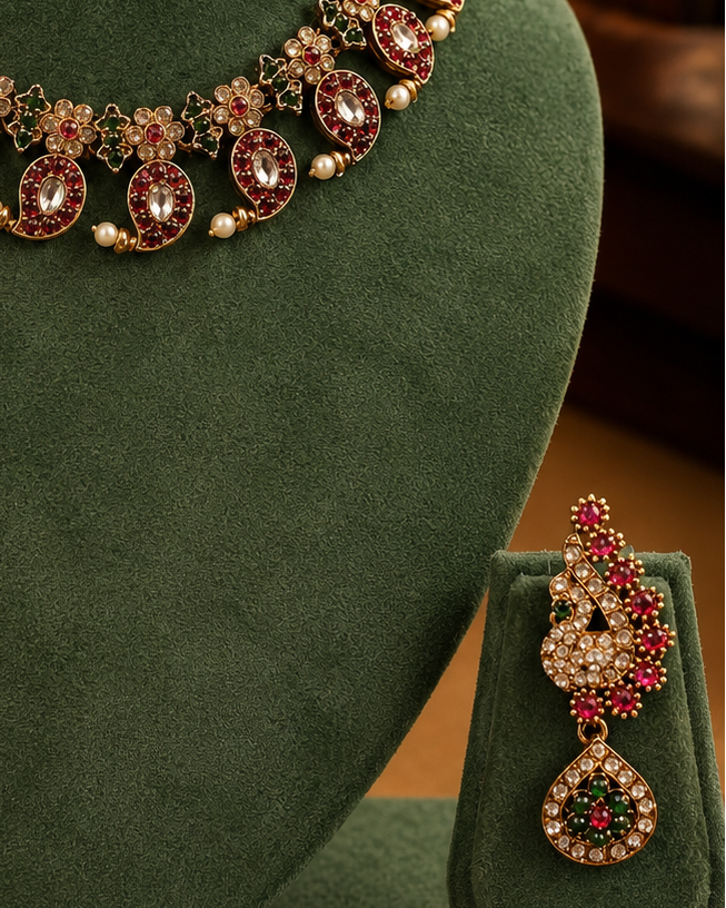 Gold Polki CZ Ruby Oval Emerald Floral Alternating Choker Necklace Set | OL103