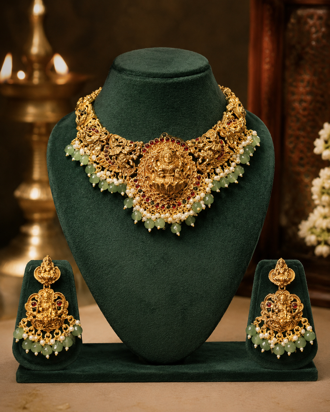 Antique Gold Nakshi Lakshmi Choker Necklace Set with Jade Green Bead Fringe | OL88