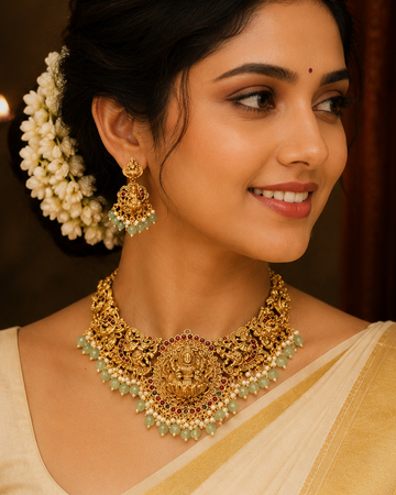 Antique Gold Nakshi Lakshmi Choker Necklace Set with Jade Green Bead Fringe | OL88