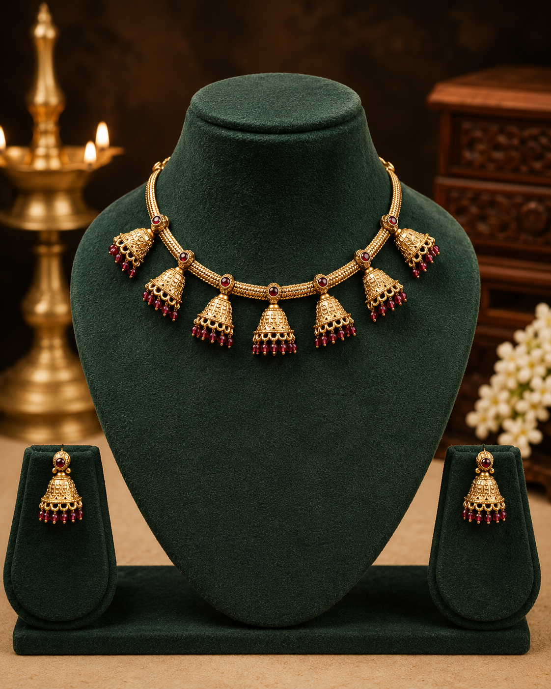 Antique Gold Nakshi Jhumka Charm Fringe Choker Necklace Set with Ruby Bead Drops | OL228