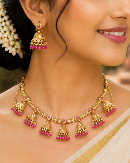 Antique Gold Nakshi Jhumka Charm Fringe Choker Necklace Set with Ruby Bead Drops | OL228