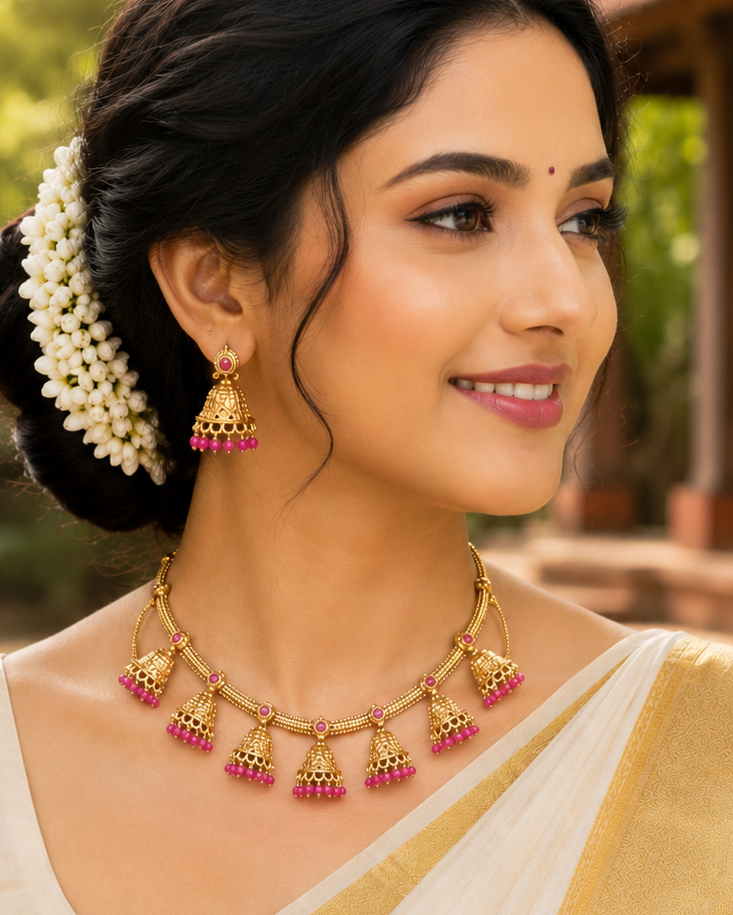 Antique Gold Nakshi Jhumka Charm Fringe Choker Necklace Set with Ruby Bead Drops | OL228