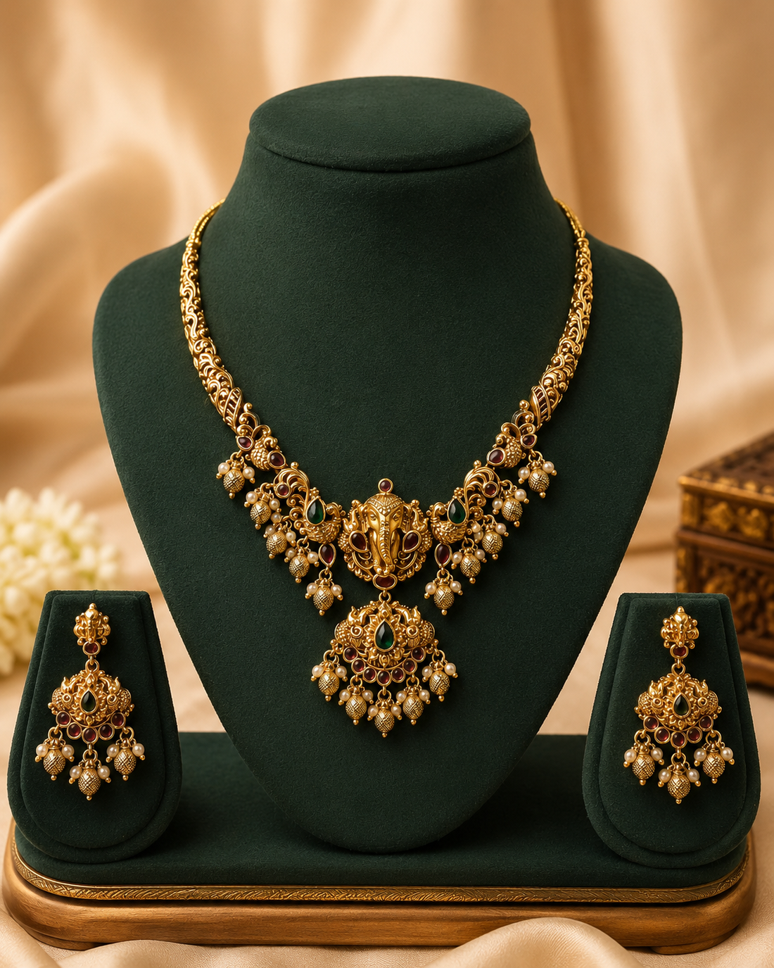 Antique Gold Nakshi Ganesha Filigree Scroll Necklace Set with Pearl Cluster Drops | OL236