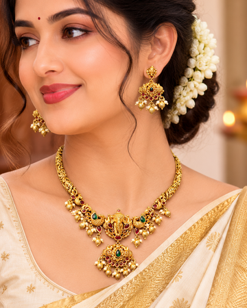 Antique Gold Nakshi Ganesha Filigree Scroll Necklace Set with Pearl Cluster Drops | OL236
