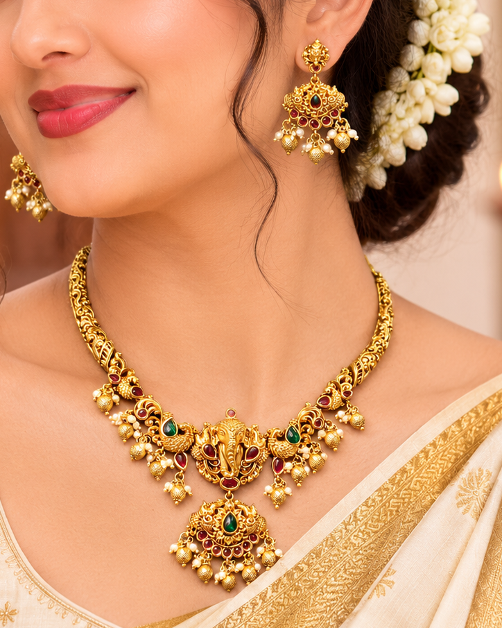 Antique Gold Nakshi Ganesha Filigree Scroll Necklace Set with Pearl Cluster Drops | OL236