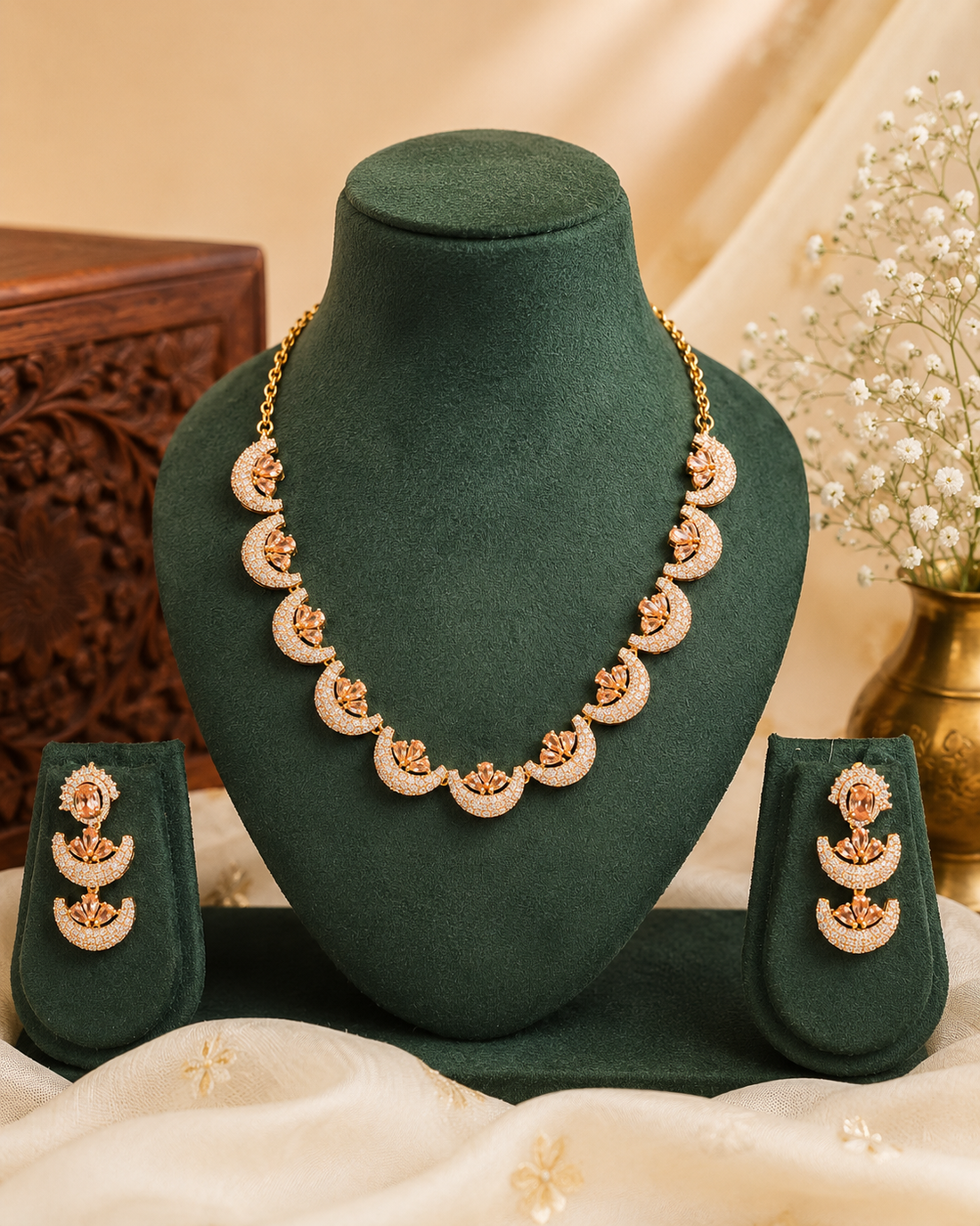 Gold CZ Crescent Moon Champagne Topaz Fan Motif Necklace Set |  OL231