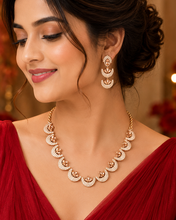 Gold CZ Crescent Moon Champagne Topaz Fan Motif Necklace Set |  OL231