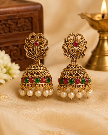 Antique Gold  Filigree Floral Top Ruby Emerald Dome Jhumka Earrings with Pearl Drops | OL251