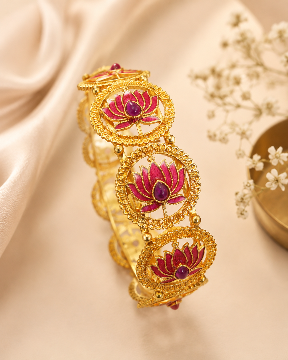 Buy 1 Get 1 Free,Gold Green Meenakari Lotus Medallion Bangle | L14803