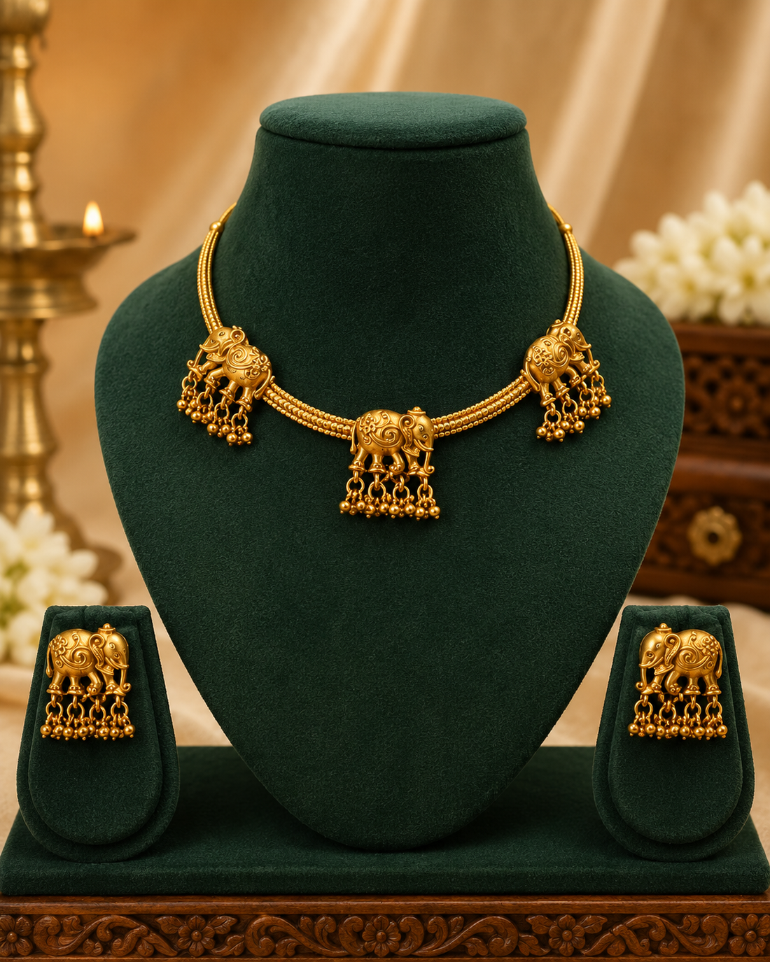 Antique Gold Nakshi Triple Elephant Charm Choker Necklace Set | OL227