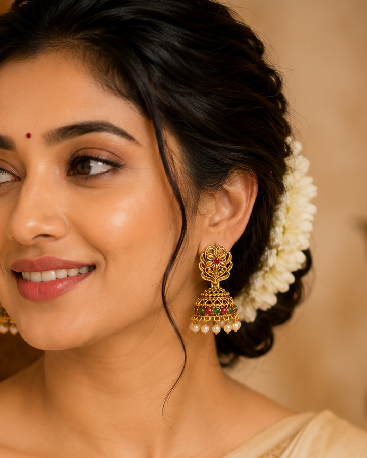 Antique Gold  Filigree Floral Top Ruby Emerald Dome Jhumka Earrings with Pearl Drops | OL251
