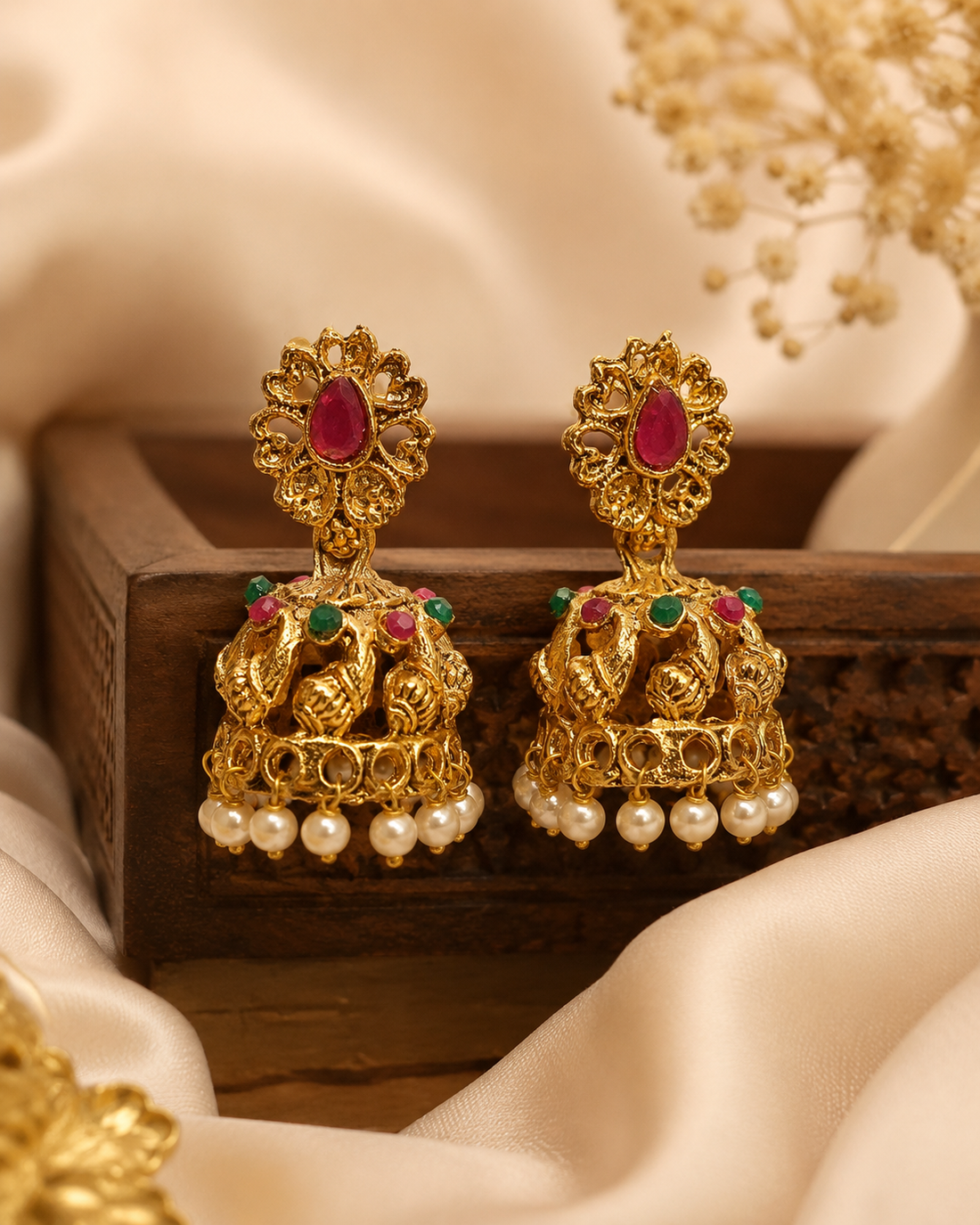 Antique Gold  Filigree Floral Top Ruby Emerald Dome Jhumka Earrings with Pearl Drops | OL251