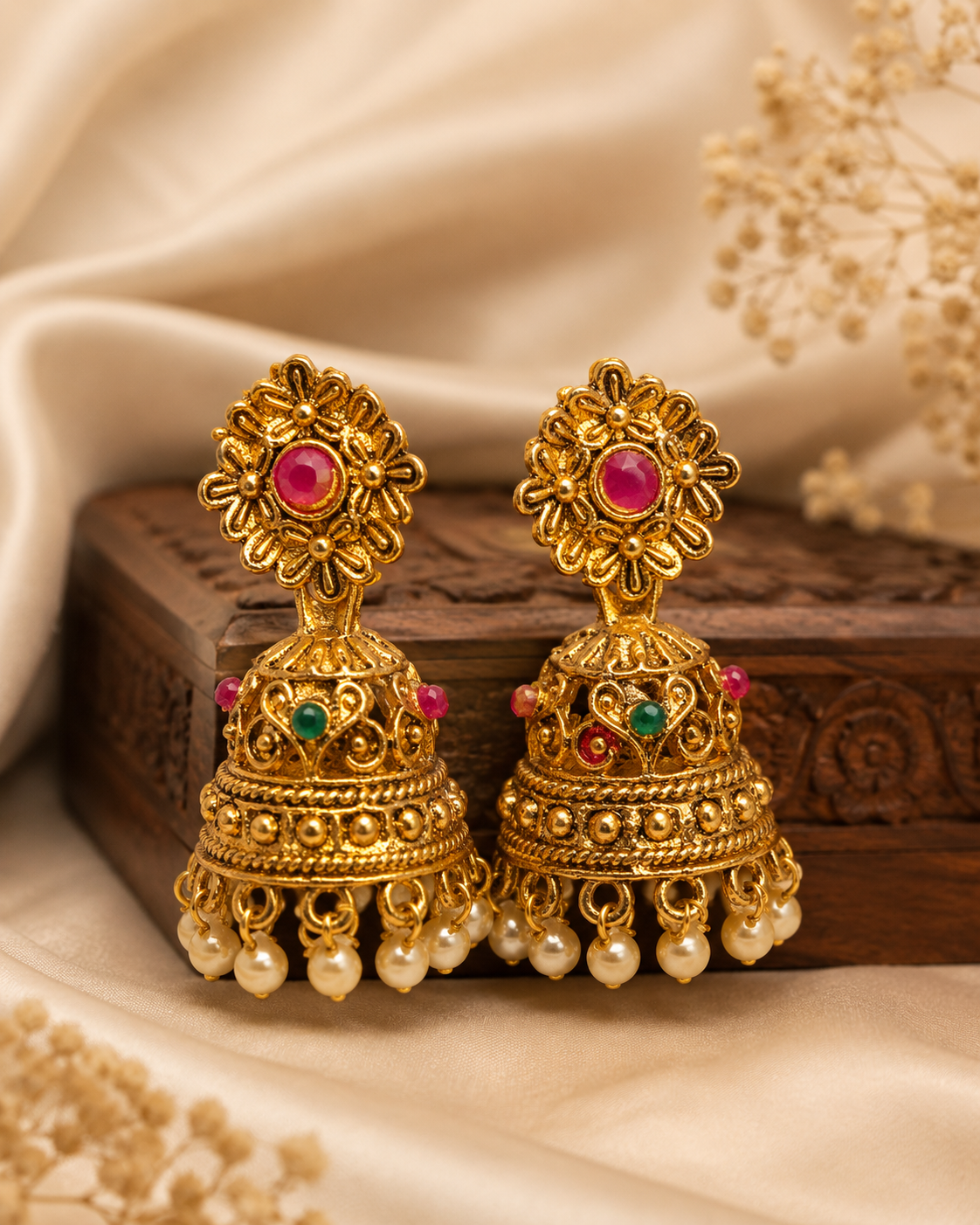 Antique Gold  Filigree Floral Top Ruby Emerald Dome Jhumka Earrings with Pearl Drops | OL251