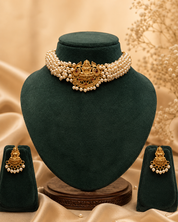 Antique Gold Nakshi Lakshmi Pendant Multi-Strand Seed Pearl Choker Necklace Set | OL241
