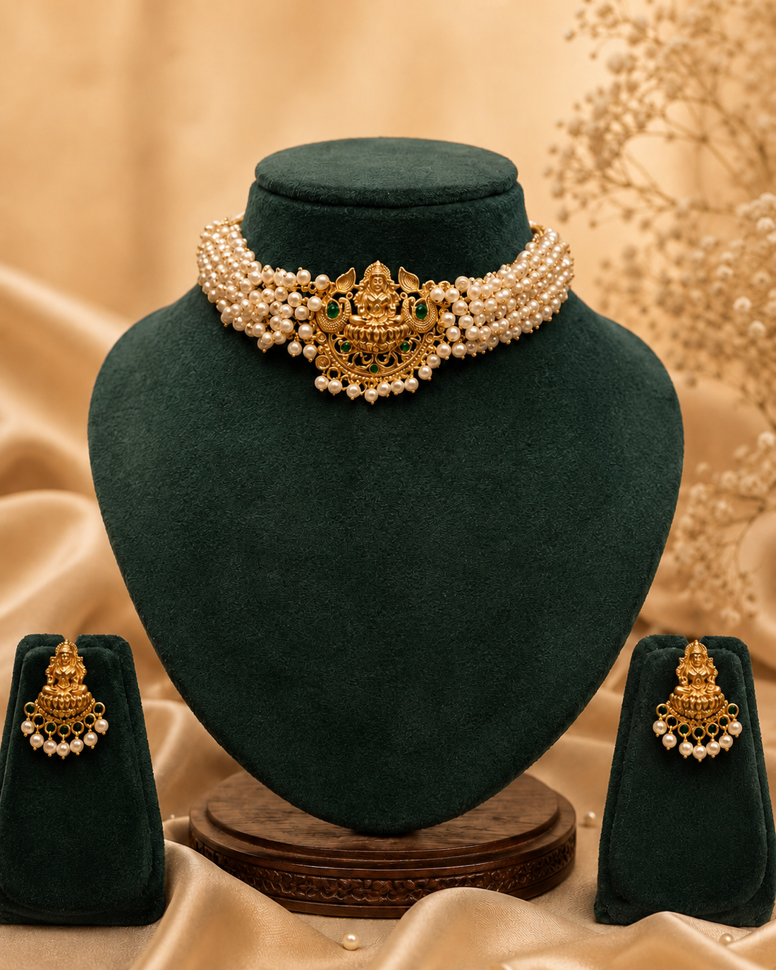 Antique Gold Nakshi Lakshmi Pendant Multi-Strand Seed Pearl Choker Necklace Set | OL241
