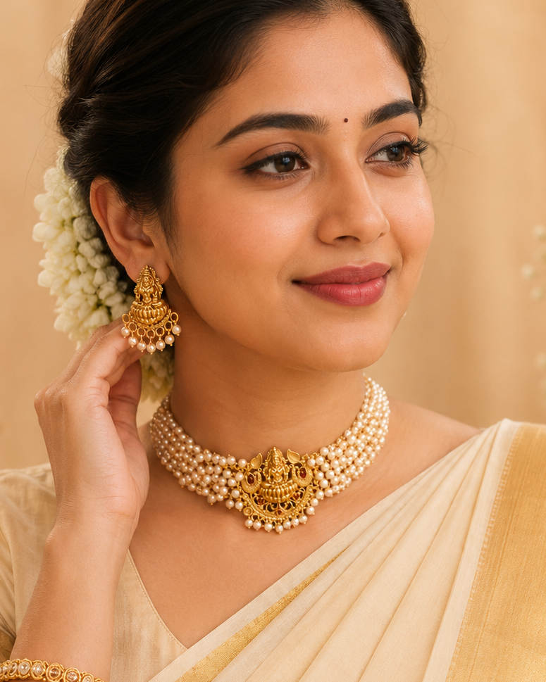 Antique Gold Nakshi Lakshmi Pendant Multi-Strand Seed Pearl Choker Necklace Set | OL241