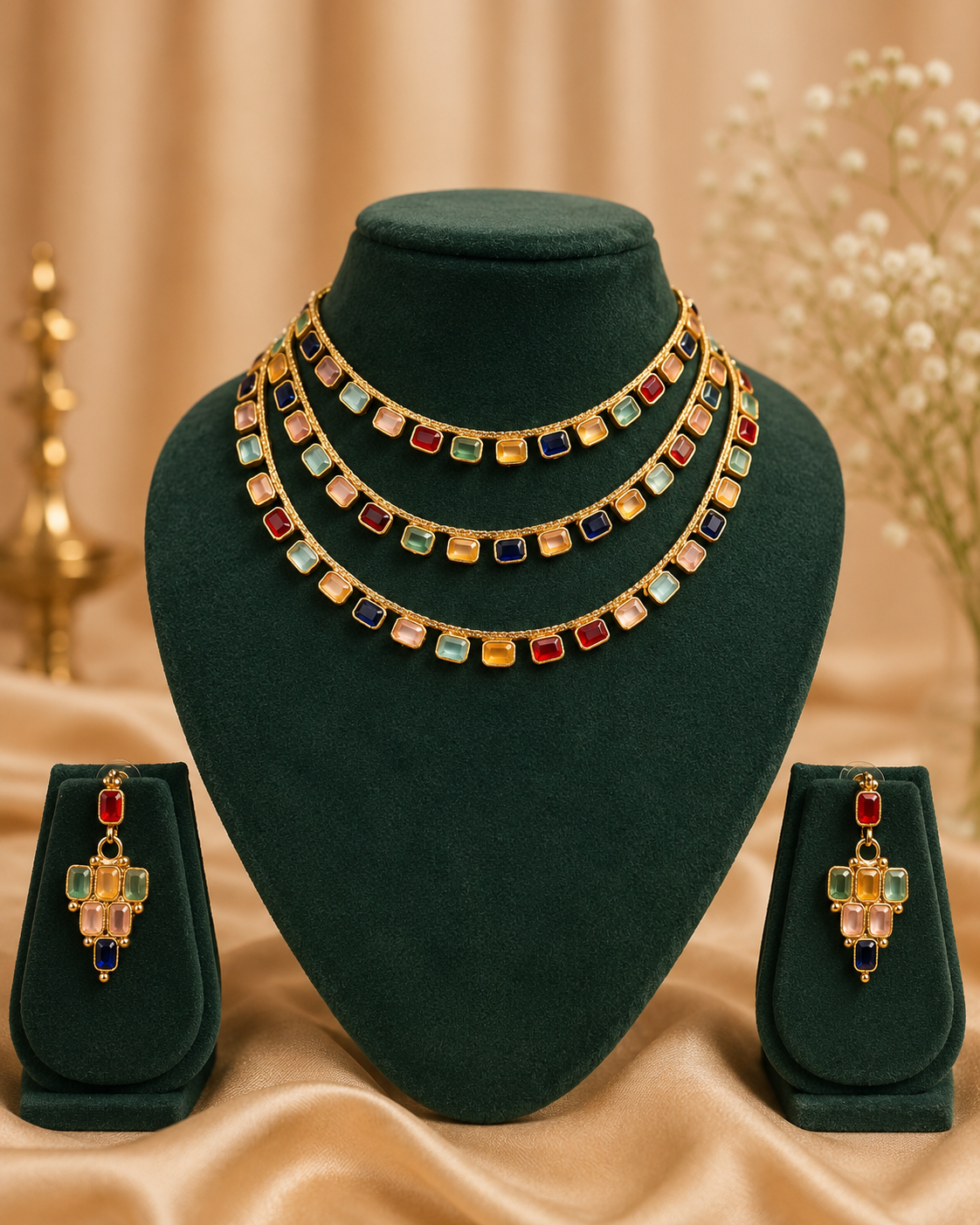 Gold Navratna Multi-Colour Square Cabochon Triple Layered Necklace Set | OL242