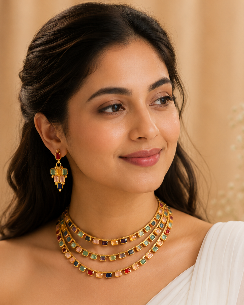 Gold Navratna Multi-Colour Square Cabochon Triple Layered Necklace Set | OL242