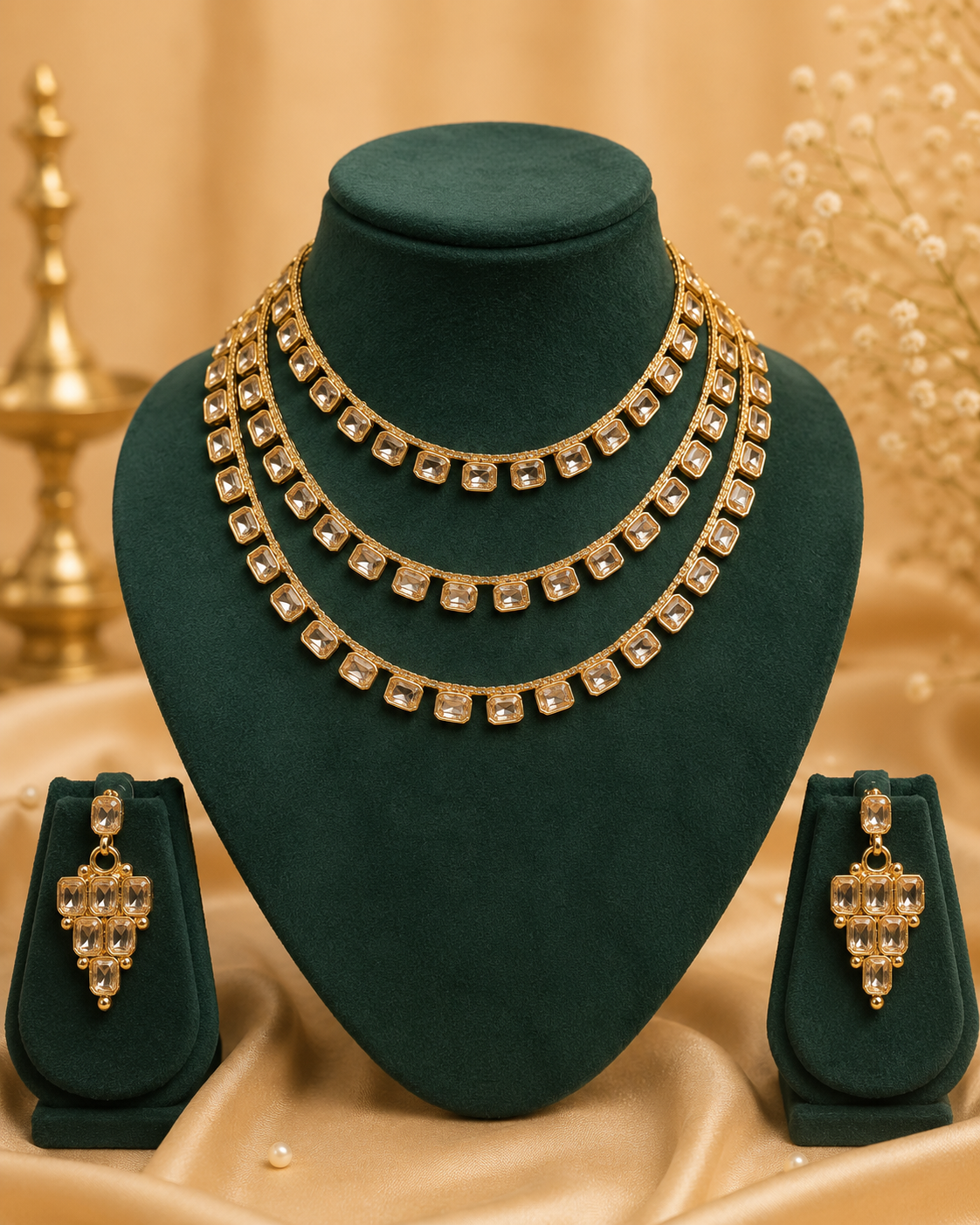 Gold Navratna Multi-Colour Square Cabochon Triple Layered Necklace Set | OL242
