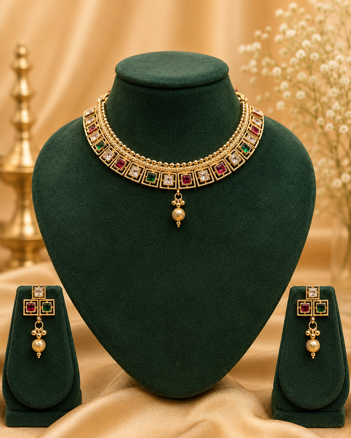 Antique Gold CZ Square Ruby Emerald Kemp Alternating Wide Choker Necklace Set | OL243