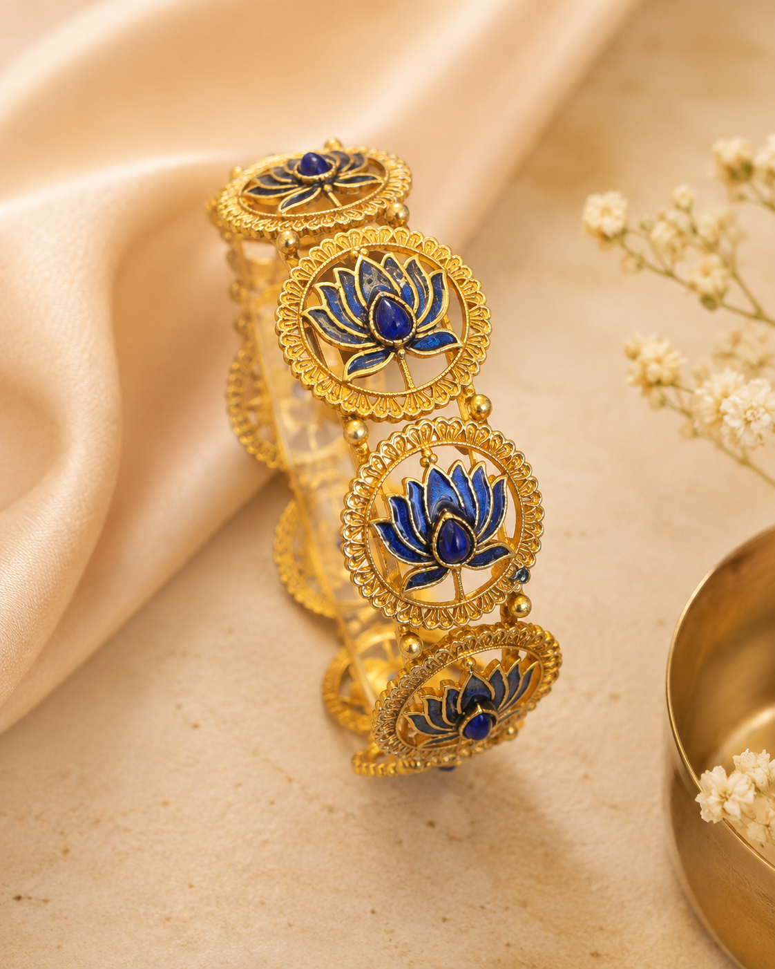 Buy 1 Get 1 Free,Gold Green Meenakari Lotus Medallion Bangle | L14803