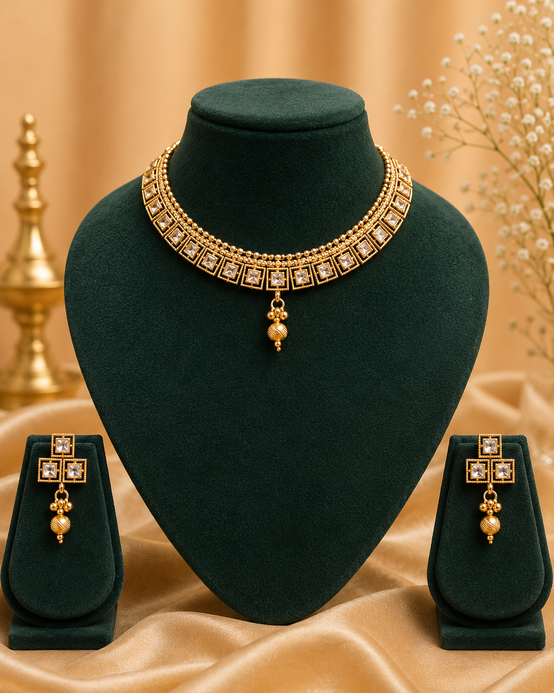 Antique Gold CZ Square Ruby Emerald Kemp Alternating Wide Choker Necklace Set | OL243