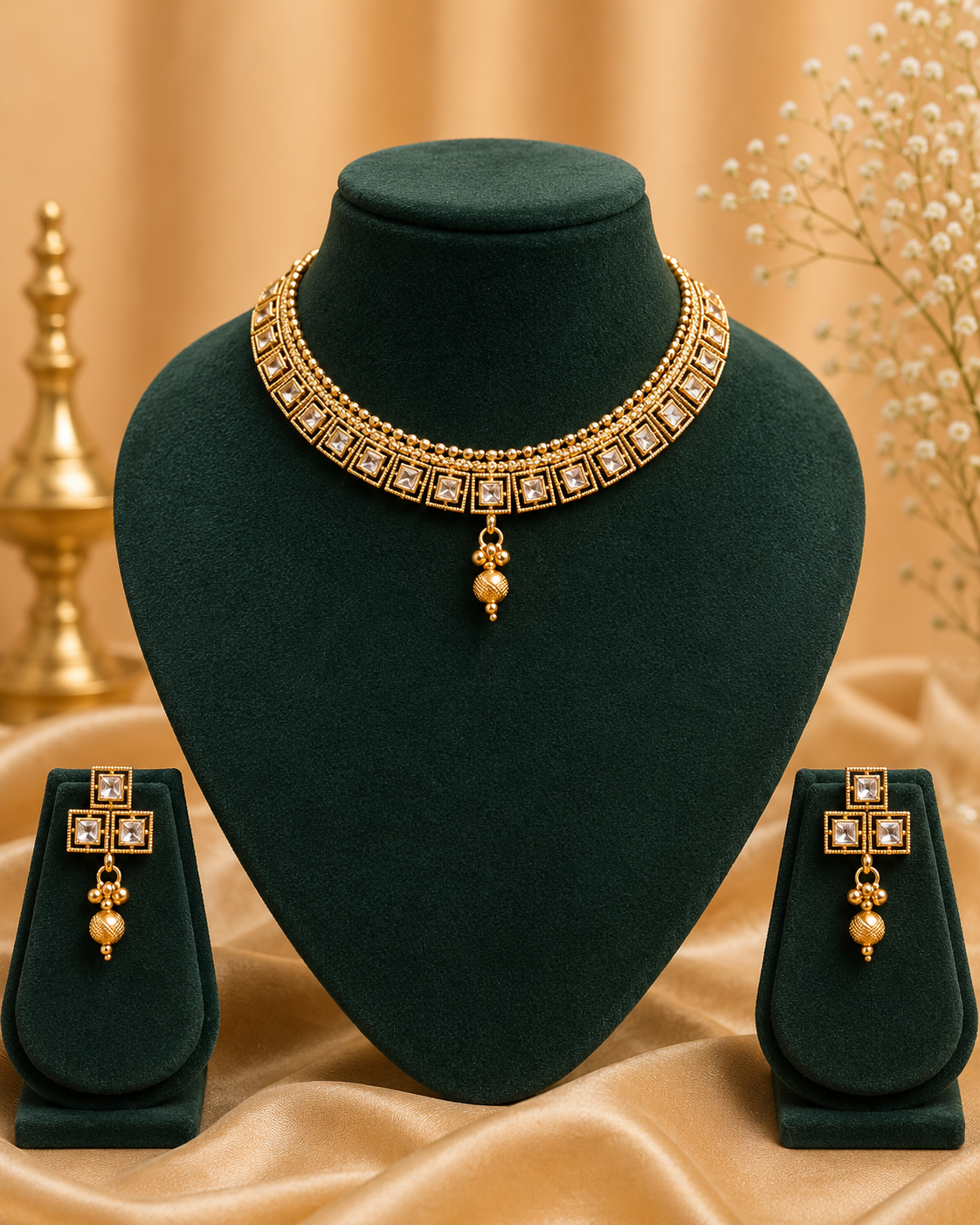 Antique Gold CZ Square Ruby Emerald Kemp Alternating Wide Choker Necklace Set | OL243