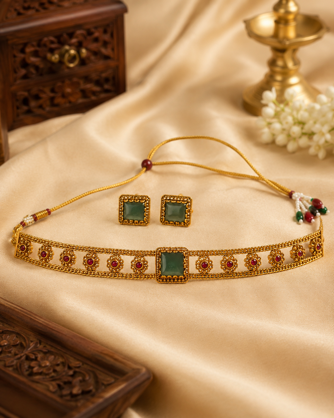 Antique Gold Emerald Square Cabochon Ruby Floral Granulated Choker Necklace Set | OL238