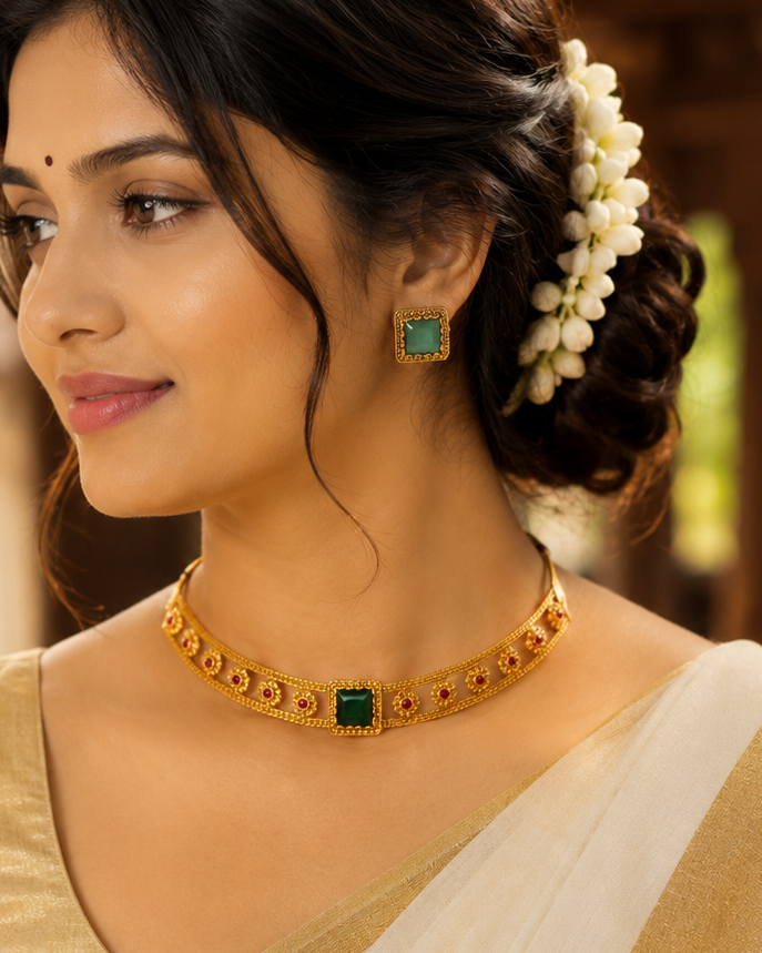 Antique Gold Emerald Square Cabochon Ruby Floral Granulated Choker Necklace Set | OL238