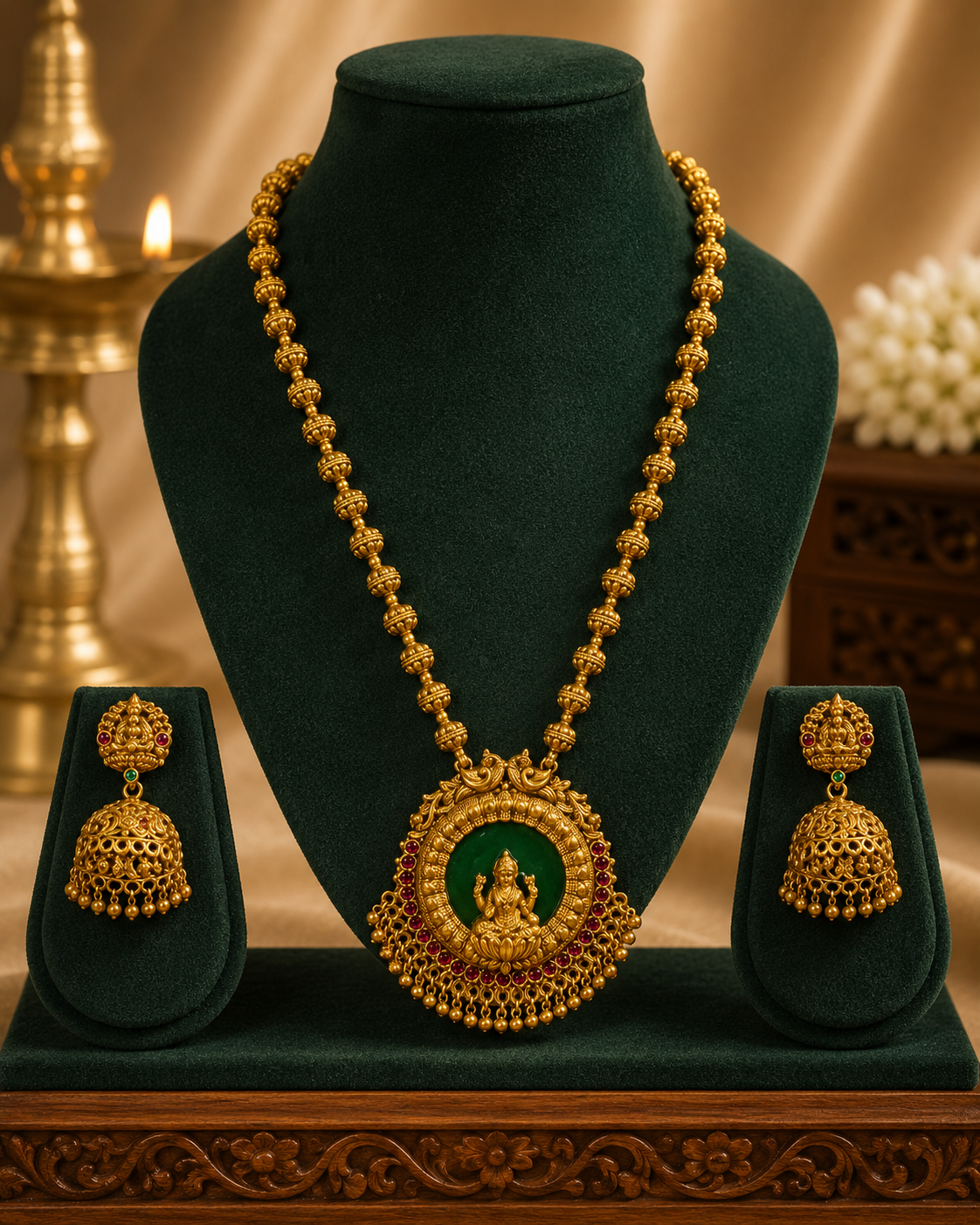 Antique Gold Lakshmi Jade Green Oval Pendant Ruby Kemp Long Necklace Set | LV2102