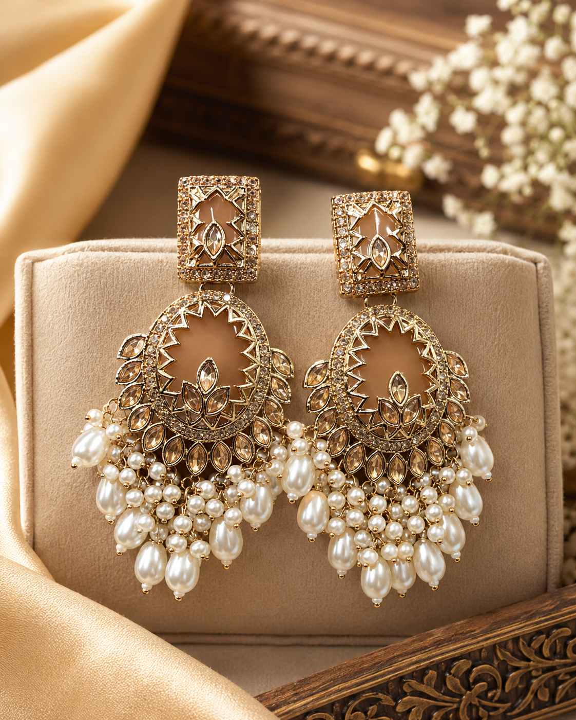 Gold Polki CZ Champagne Marquise Open Oval Chandbali Earrings with Pearl Fringe | OL250