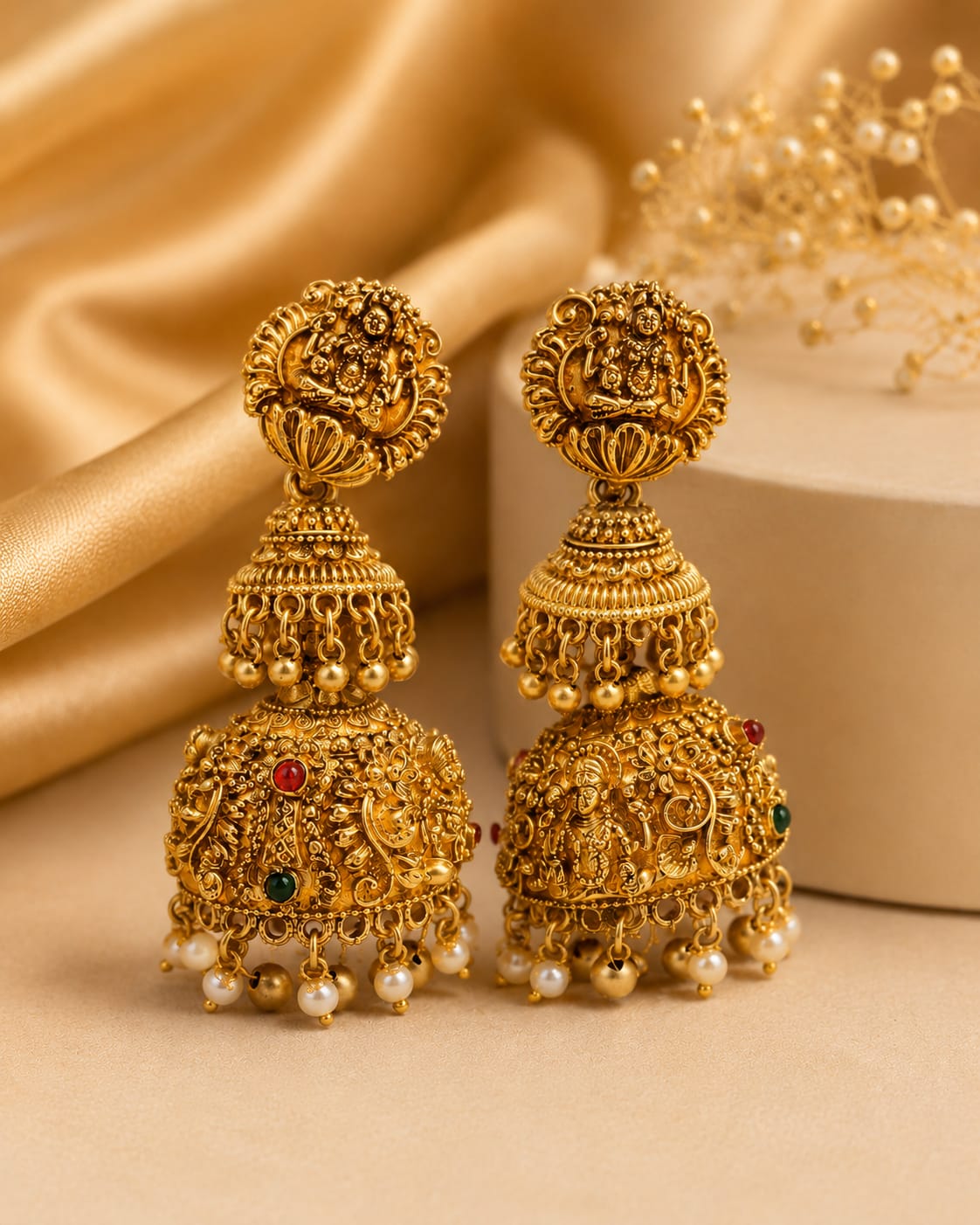 Antique Gold Lakshmi Double Jhumka Earrings with Ruby & Pearl | OL213