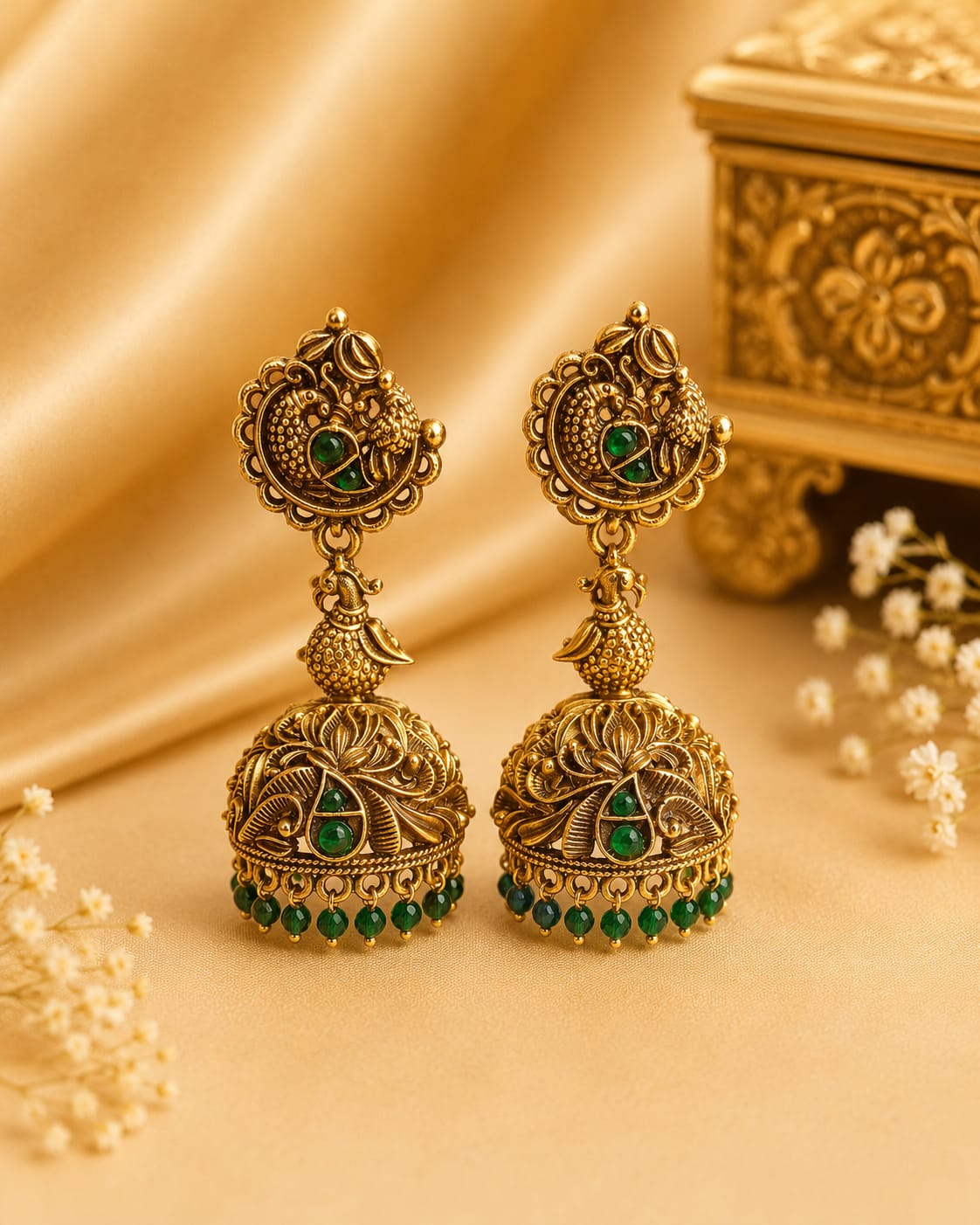 Antique Gold Peacock Jhumka Earrings with Emerald Stones | OL215