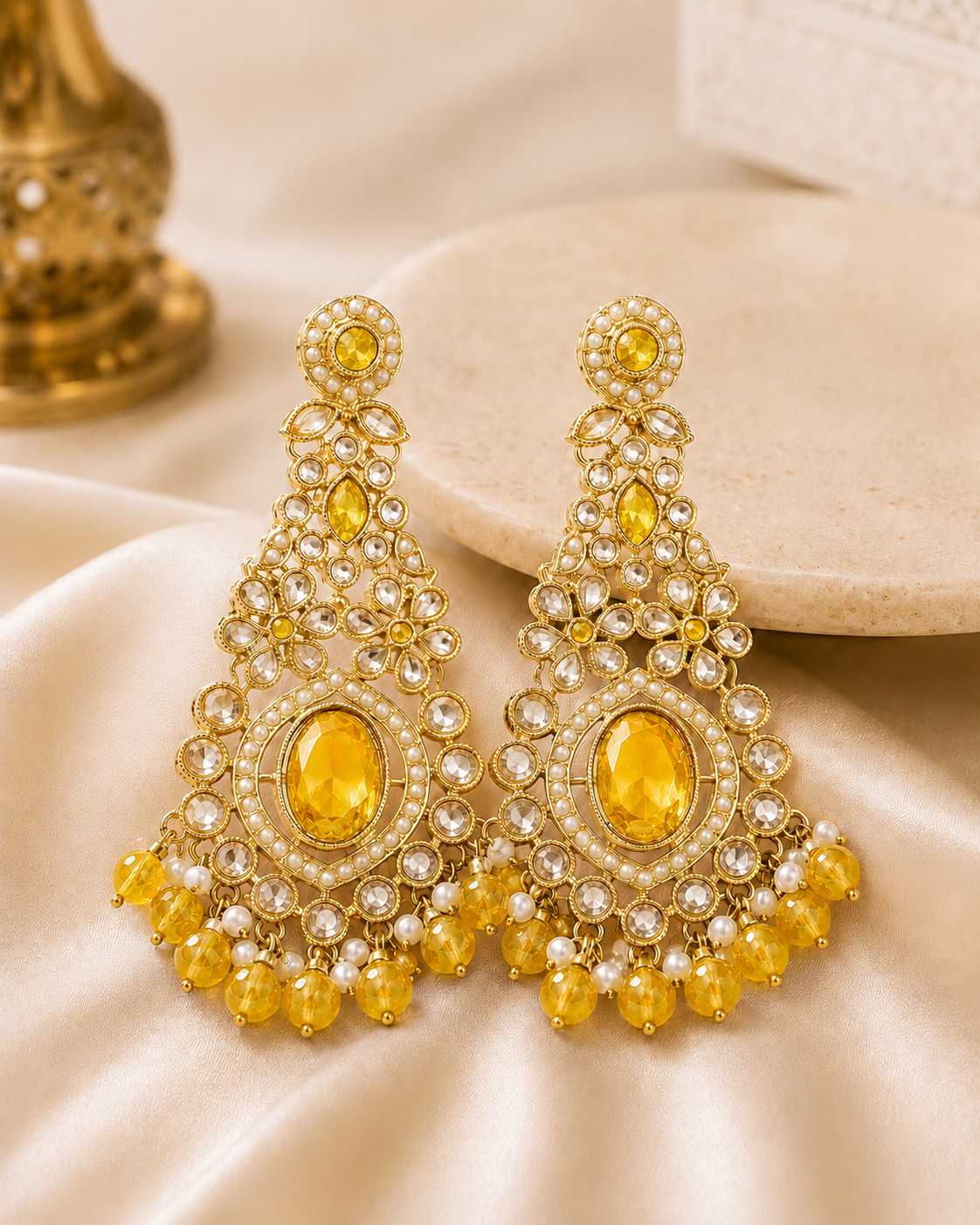 Gold Hot Pink Oval Polki Chandbali Earrings | OLT98
